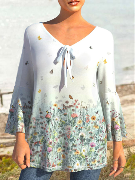 

Floral V Neck Cotton-Blend Loose Tops, White, Shirts & Blouses
