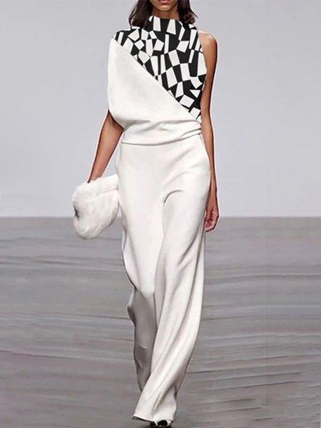 

Geometric Urban Sleeveless Jumpsuit, White, Wide Leg Pants