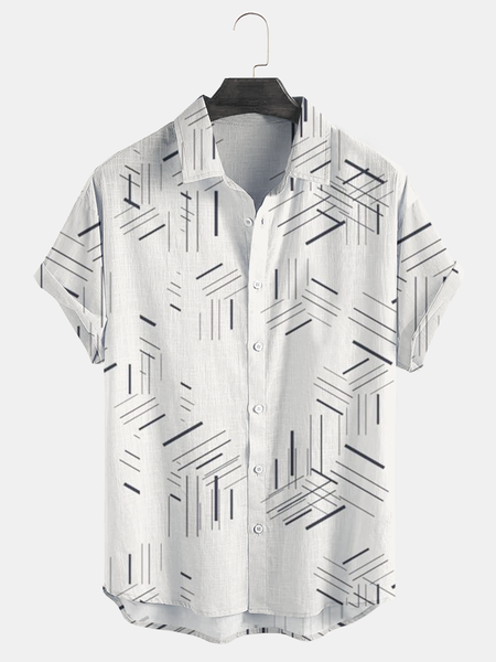 

Cotton Linen Style American Casual Basic Versatile Geometric Striped Linen Shirt, As picture, Men's Floral shirt