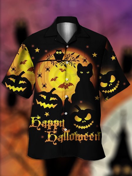 

Retro Style Festival Series Halloween Pumpkin Spider Cat Element Pattern Lapel Short Sleeve Chest Pocket Shirt Printed Top, Black, Men's Floral shirt