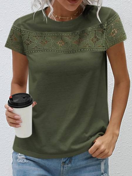 

Lace Plain Crew Neck Casual Short sleeve Tops, Green, Shirts & Blouses