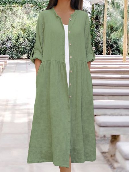 

Half open button pocket cotton linen lining texture Shirt Dress long Dress Plus Size, Green, Midi Dresses