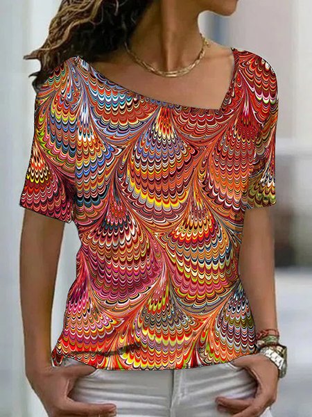 

Fit Square Neck Geometric T-Shirt, Red, T-Shirts