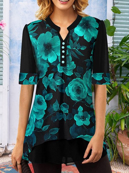 

V Neck Floral Tops, Green, Shirts & Blouses