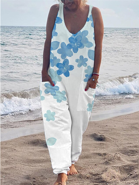Floral Casual Cotton-Blend Jumpsuit & Romper, White, Jumpsuits＆Rompers