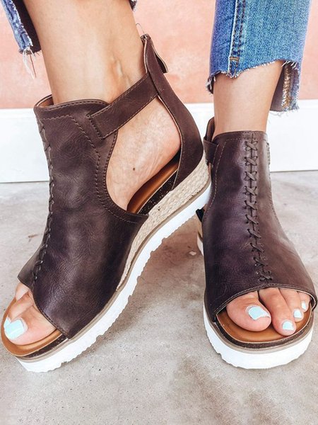 

Vintage Braided Roman Wedge Platform Fish Mouth Sandals, Tan, Sandals