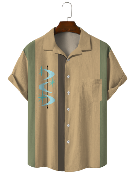 

Geometric stripe cotton casual shirts with short sleeves, As picture, Men's Floral shirt