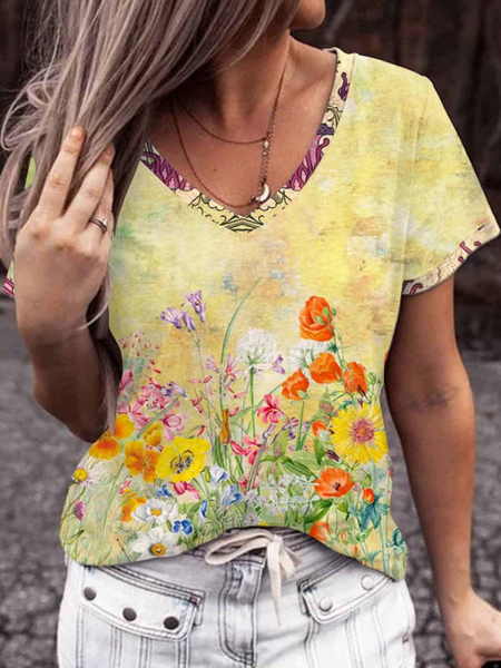 

Casual Floral V neck Short sleeve T-Shirt, Yellow, T-Shirts