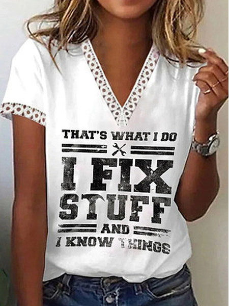 

V Neck Casual Text Letters T-Shirt, White, T-Shirts