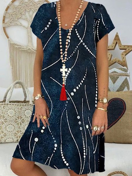 

Polka Dots Geometric Cotton-Blend V Neck Dresses, Blue, Dresses