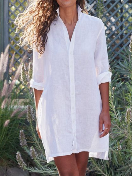 

Loose Shirt Collar Plain Dresses, White, Dresses