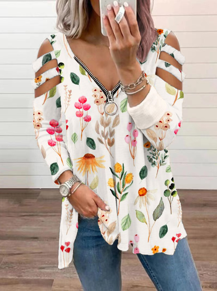 

V Neck Floral Casual T-Shirt, White, Shirts & Blouses