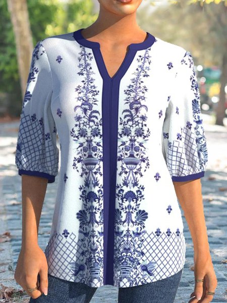 

Loose Ethnic Notched Three Quarter Tops, Blue, Shirts & Blouses