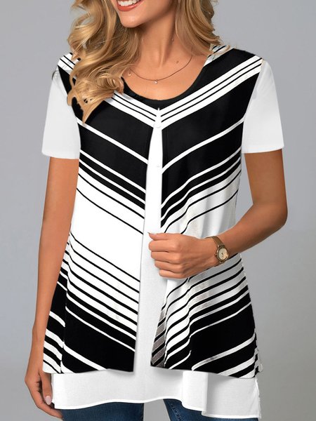 

Casual Crew Neck Geometric Tops, Black, Shirts & Blouses