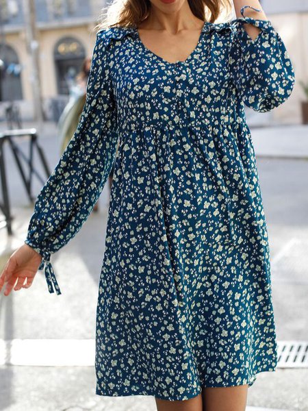 

Vacation Floral Fit V Neck Long sleeve Midi Dresses, Blue, Dresses