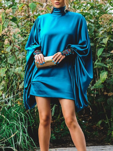 

Lantern Sleeve Plain Turtleneck Mini Dress Wedding, Blue, Mini Dresses