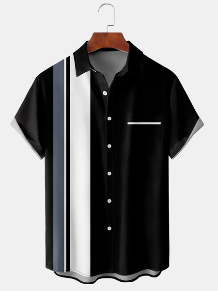 

Mens Classic Striped Print Lapel Chest Pocket Short Sleeve Bowling Shirt, Black, Short Sleeve Shirts