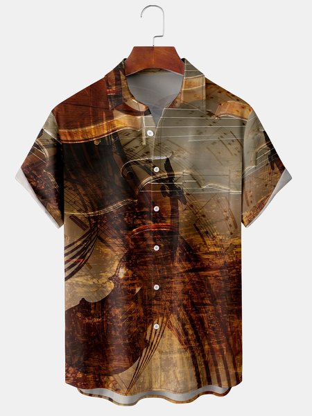 

Men's Retro Music Print Casual Breathable Hawaiian Short Sleeve Shirt, Brown, Men's Floral shirt