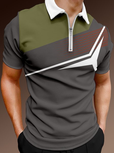 

Casual Art Collection Geometric Color Block Pattern Lapel Short Sleeve Polo Print Top, Dark gray, Polos