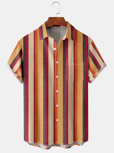 

Men's Vintage Striped Print Casual Breathable Hawaiian Short Sleeve Shirt, Yellow, Men's Floral shirt