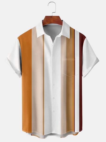

Mens Striped Print Lapel Chest Pocket Short Sleeve Funky Aloha Shirts, White, Men's Floral shirt