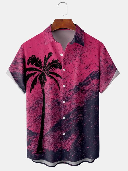 

Mens Art Painting Coconut Tree Print Lapel Chest Pocket Short Sleeve Funky Hawaiian Shirts, Pink, Men's Floral shirt