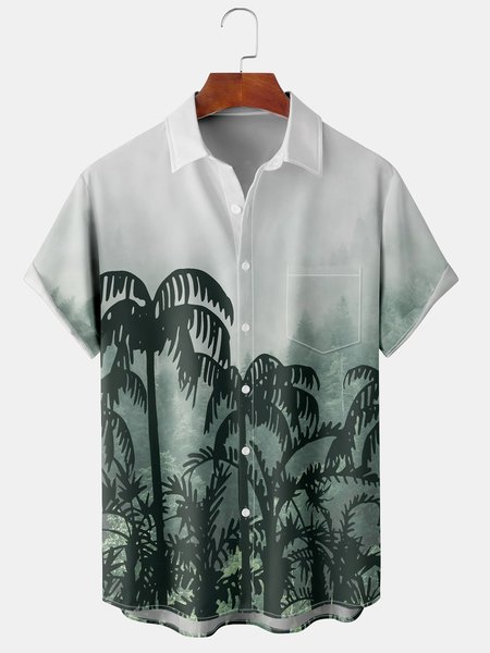 

Holiday Style Hawaiian Series Botanical Scenery Coconut Tree Element Pattern Lapel Short-Sleeved Chest Pocket Shirt Printed Top, Green, Shirts ＆ Blouse