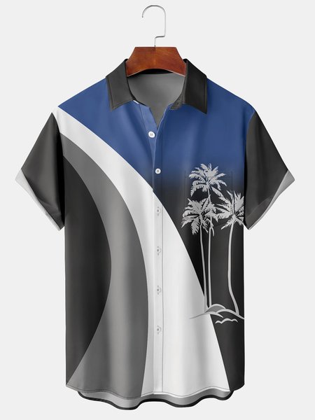 

Resort Style Hawaii Series Gradient Color Geometric Plant Coconut Tree Element Pattern Lapel Short Sleeve Chest Pocket Shirt Print Top, Black, Shirts ＆ Blouse