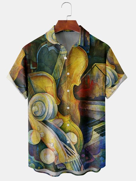 

Men's Retro Music Print Casual Breathable Short Sleeve Shirt, Yellow, Men's Floral shirt