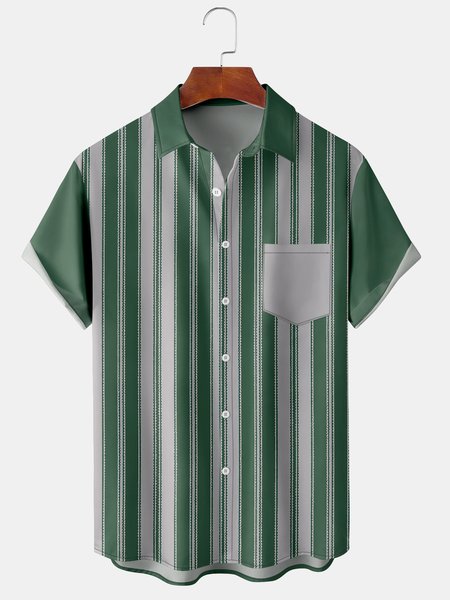 

Mens Striped Print Front Buttons Soft Breathable Chest Pocket Casual Aloha Shirts, Green, Men's Floral shirt