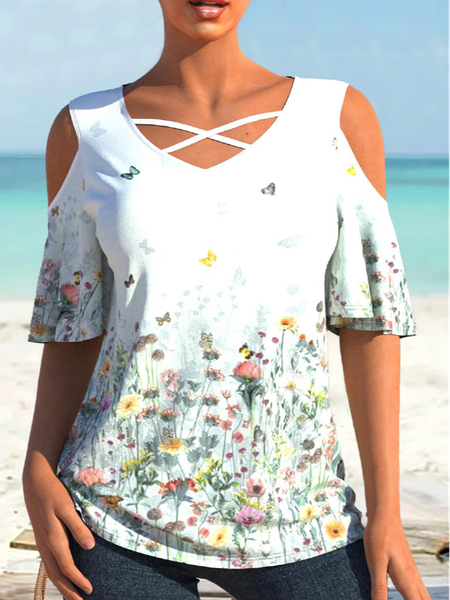 

Cotton-Blend Floral Casual Tops, White, Shirts & Blouses