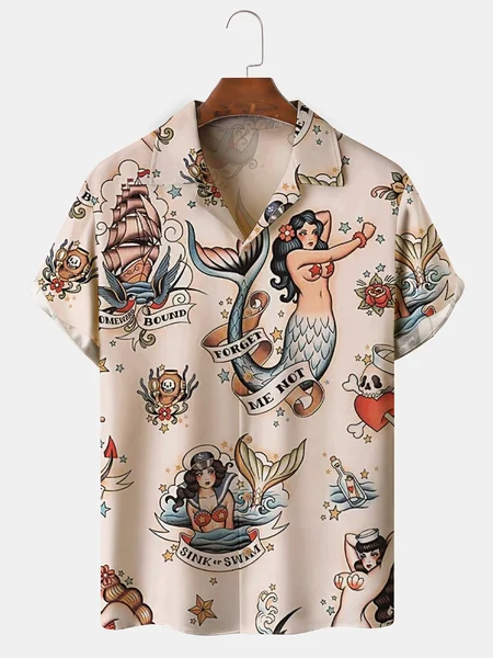 

Mens Mermaid Print Front Buttons Soft Breathable Loose Casual Hawaiian Shirt, Khaki, Men's Floral shirt