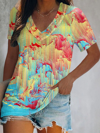 

V Neck Ombre Casual Cotton-Blend T-Shirt, Multicolor, T-Shirts