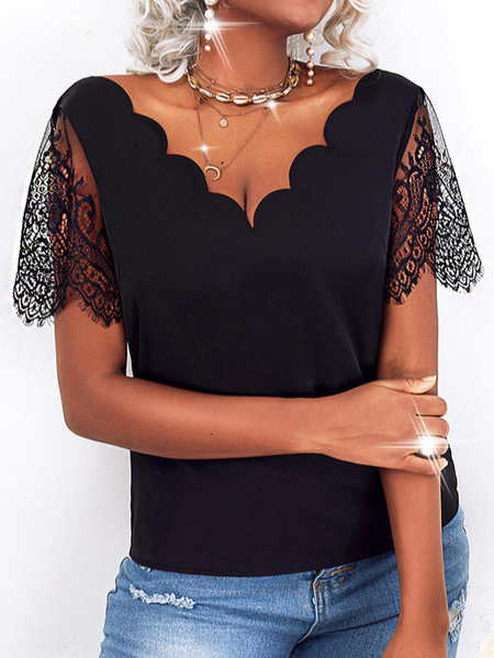 

Solid Lace V-Neck Short Sleeves Casual Blouses, Black, Shirts & Blouses