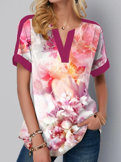 

Casual Pink Floral Print V Neck Tops, Multicolor, Shirts & Blouses