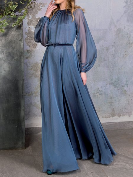 

Lantern Sleeve Elegant Daliy Long Dress, Blue, Maxi Dresses