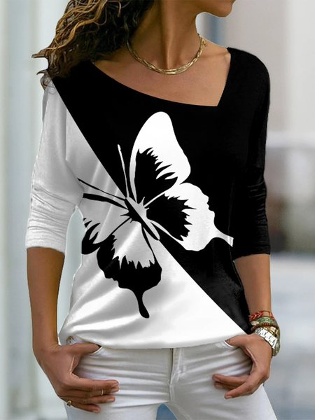 

Color Block Loose Asymmetrical Butterfly Tops, Black-white, Tops