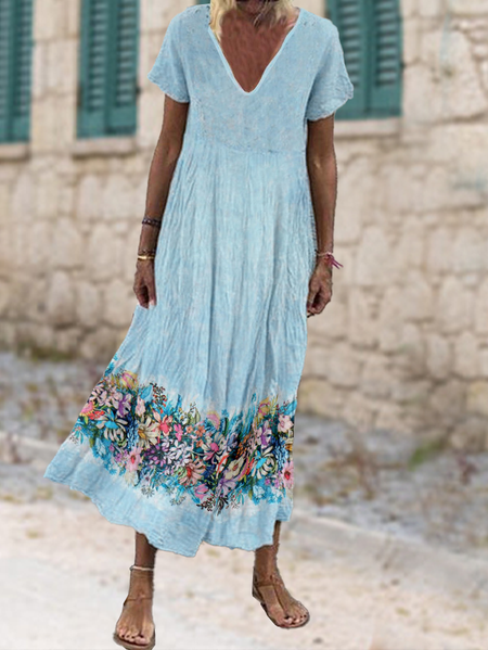 

V Neck Casual Floral Short Sleeve Woven Dress, Blue, Dresses