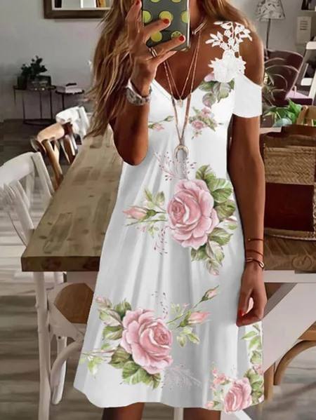 

Print/Floral Lace Short Sleeves Cold Shoulder Sleeve Shift Above Knee Casual/Vacation Tunic Dresses, White, Dresses
