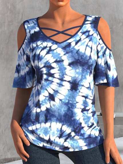

Tie-Dye Pattern V Neck Casual Tops, Blue, Shirts & Blouses