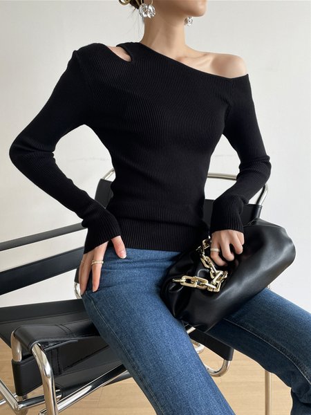 

Long sleeve Plain Daily One Shoulder Sweater, Black, Pullovers