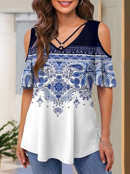 

Paisley V Neck Short Sleeve Tops, Blue, Shirts & Blouses