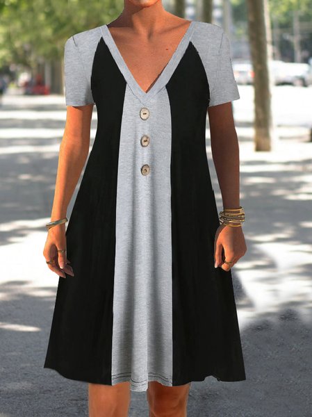 

Casual Colorblock Button-embellished Short-sleeve Dress, Black, Dresses