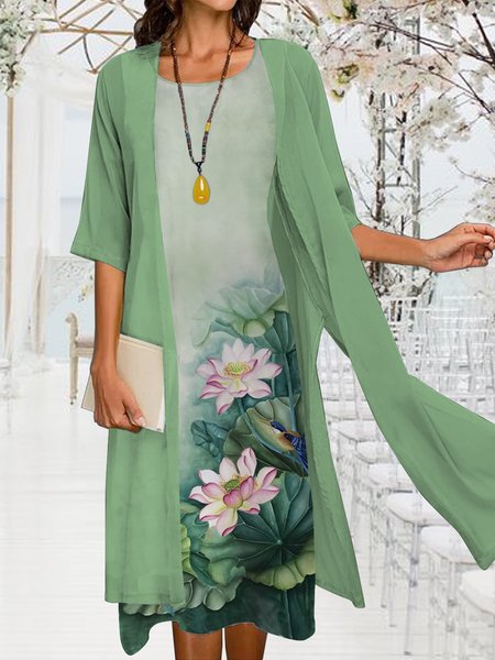 

Chinese Feng Shui ink LOTUS DRESS two piece holiday suit plus size, Green, Midi Dresses