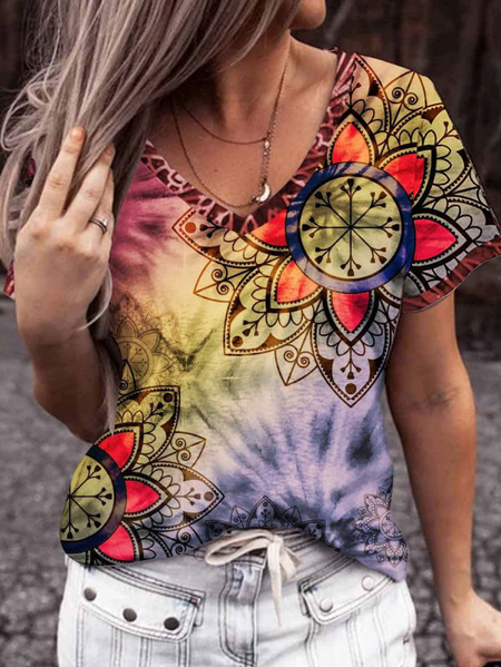 

V-neck Casual Loose Vintage Print Short Sleeve T-shirt, Multicolor, T-Shirts