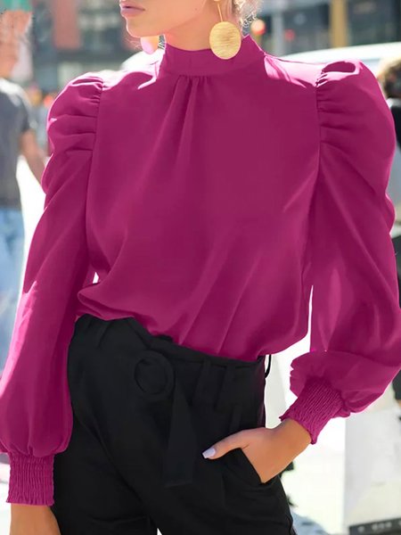 

Stand Collar Elegant Loose Plain Blouse, Rose red, Blouses and Shirts