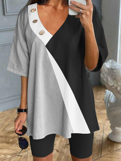 

Color Block Simple V Neck Two Piece Sets, Multicolor, Suit Set
