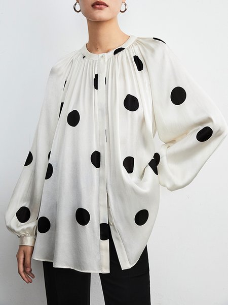 

Elegant Loose Polka Dots Long Sleeve Crew Neck Blouse, White, Blouses and Shirts