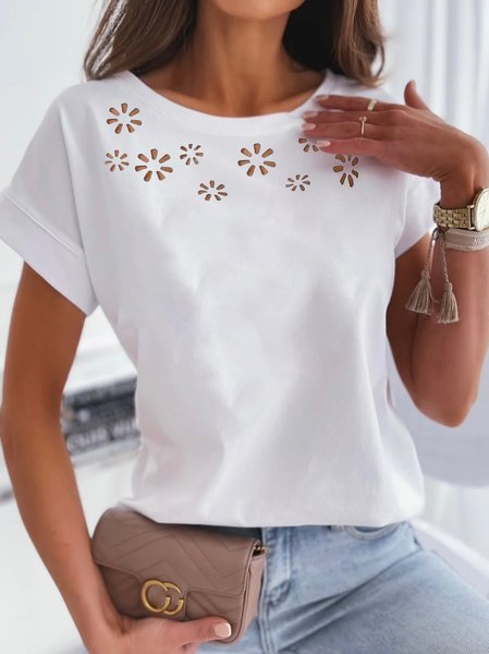 

Crew Neck Casual Laser Cut Loose Tops, White, T-Shirts