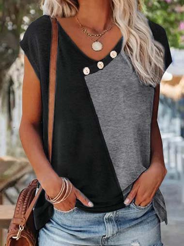 

Casual Contrast Panel Button-Embodied V-Neck T-Shirt, Black, T-Shirts